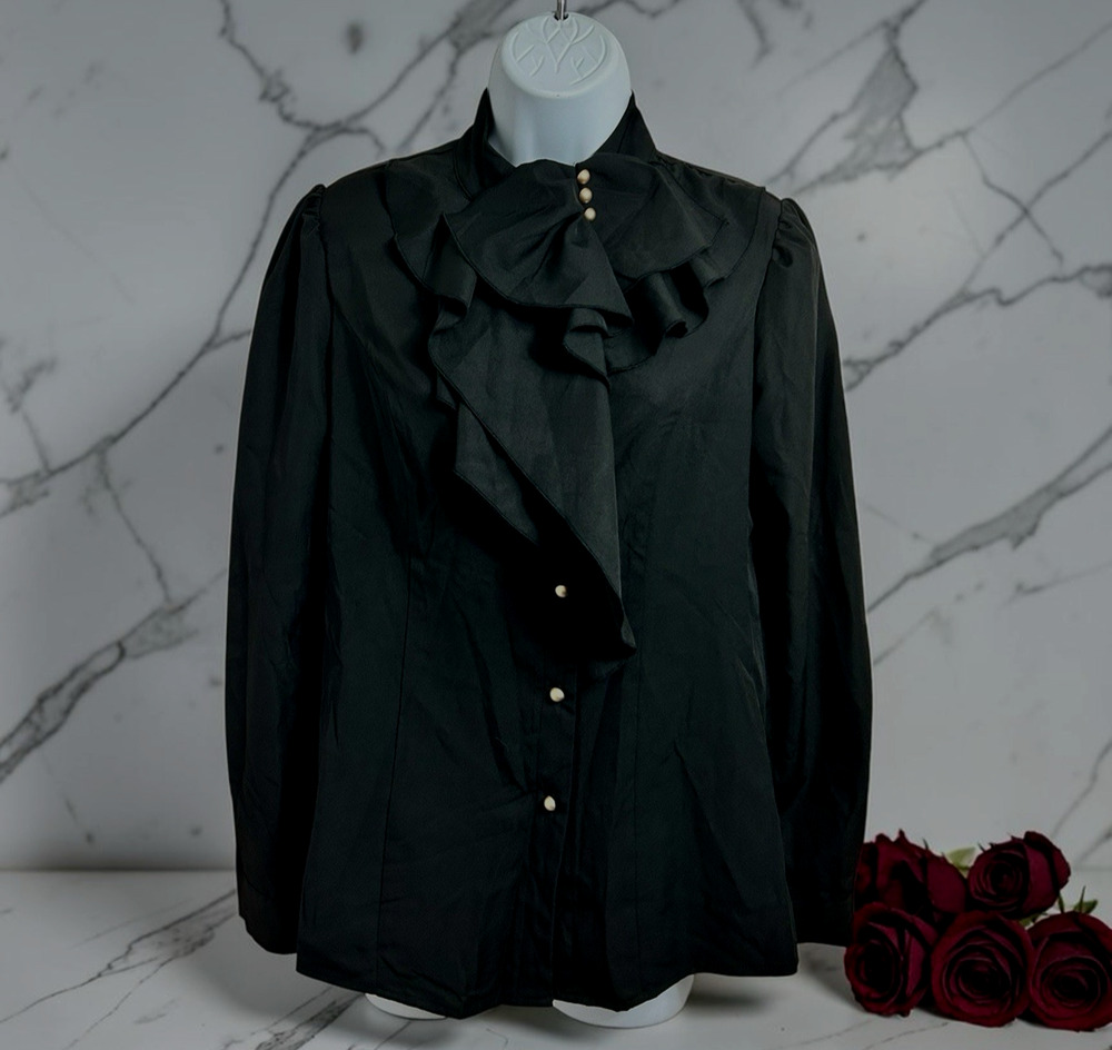 Shein Black Button Front Blouse Sz M Ruffled Neckline Long-Sleeve Top Elegant